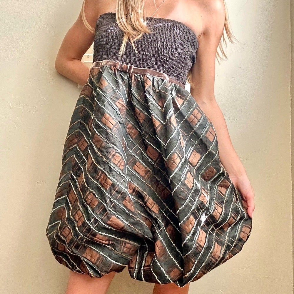 D Studio VTG 90s Fall Plaid Preppy Coquette Bubble Skirt Babydoll Mini Dress